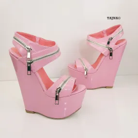 Baby Pink Patent Leather  Heel Wedge Sandals