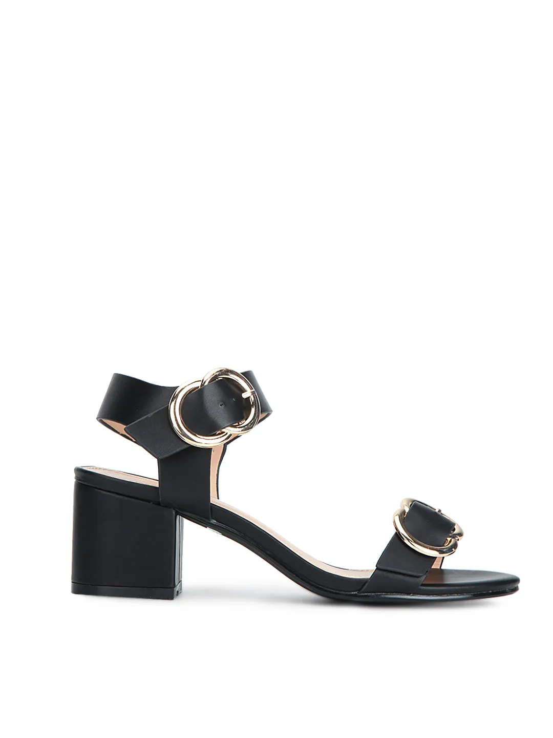 Black Double Buckle Low Block Heels