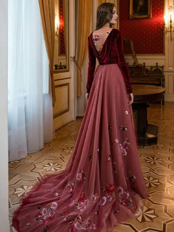 Burgundy Velvet Top V-neck A-line Floral Train Long Prom Dress, PD3210