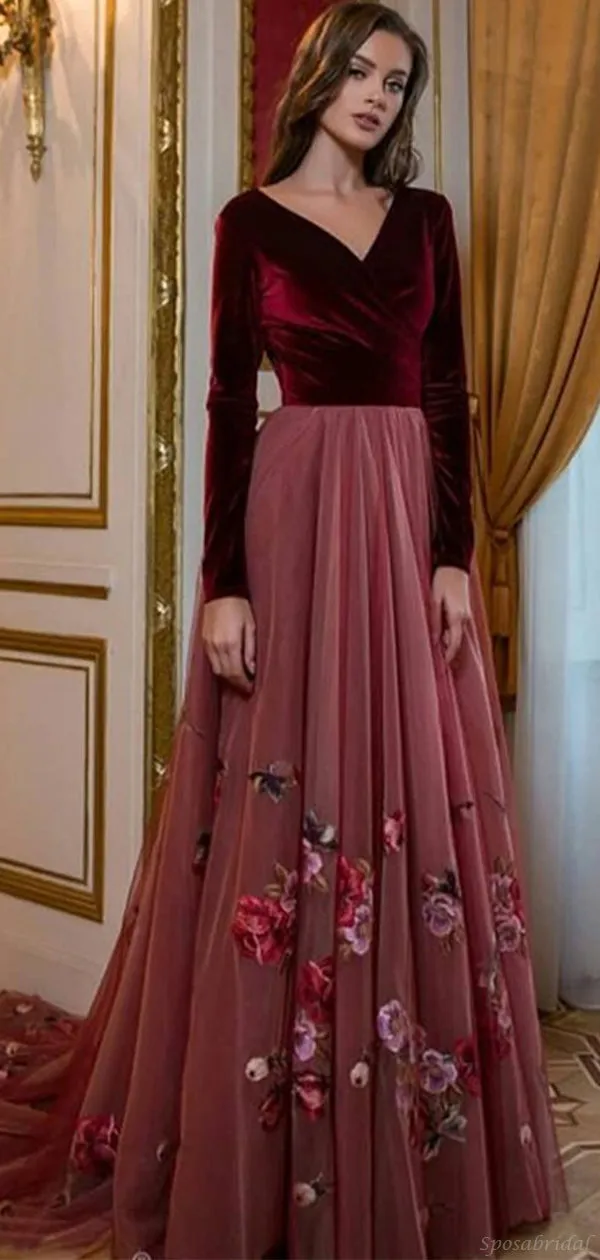 Burgundy Velvet Top V-neck A-line Floral Train Long Prom Dress, PD3210