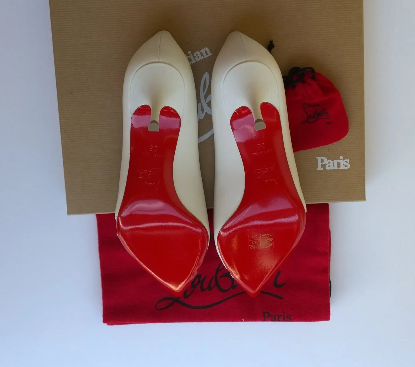 Christian Louboutin 17th Floor 55mm Heels in Latte White Leather and Patent PVC shoes