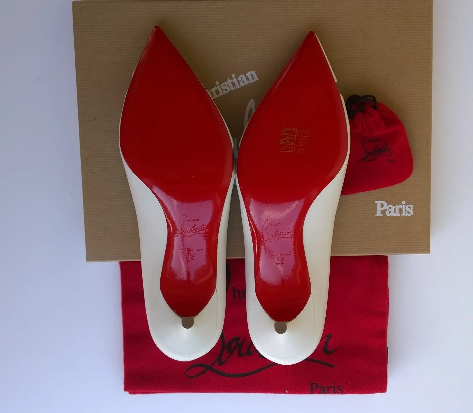 Christian Louboutin 17th Floor 55mm Heels in Latte White Leather and Patent PVC shoes