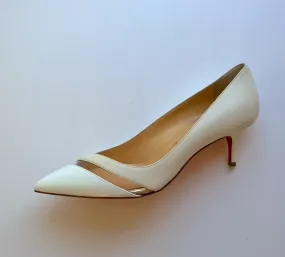 Christian Louboutin 17th Floor 55mm Heels in Latte White Leather and Patent PVC shoes