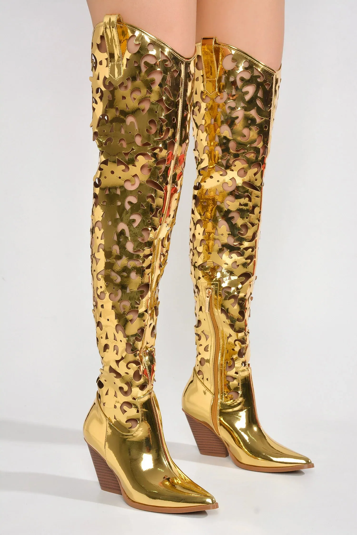 Gold Womens Cutout Chunky Over The Knee Boots