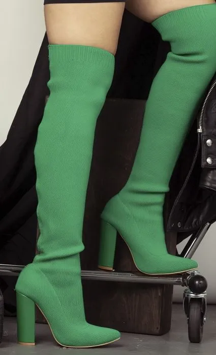 Green Womens Over The Knee High Sock Chunky Heel Boots