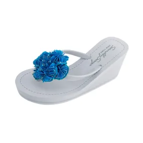 Noho Blue Flower - Sequence Embellished Women's High Wedge Flip Flops Sandal