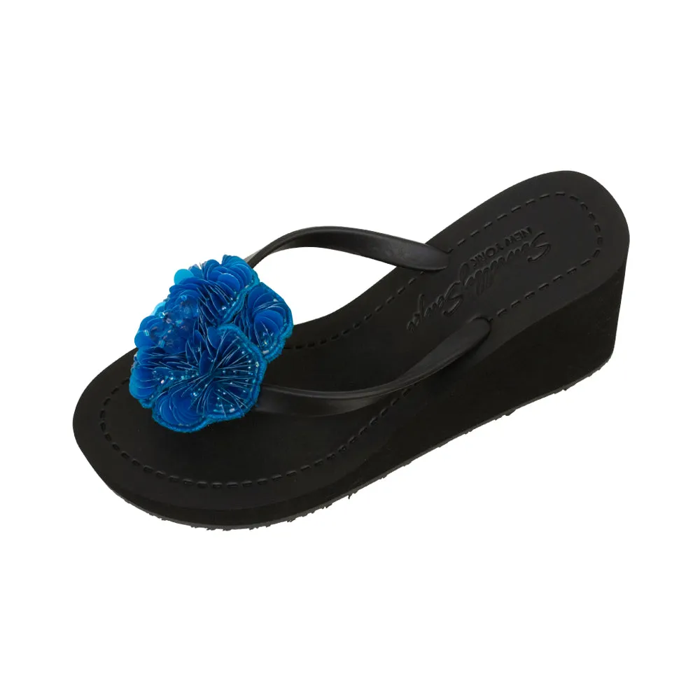 Noho Blue Flower - Sequence Embellished Women's High Wedge Flip Flops Sandal