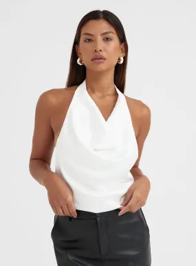 Off White Satin Halter Cowl Neck Top - Chaia