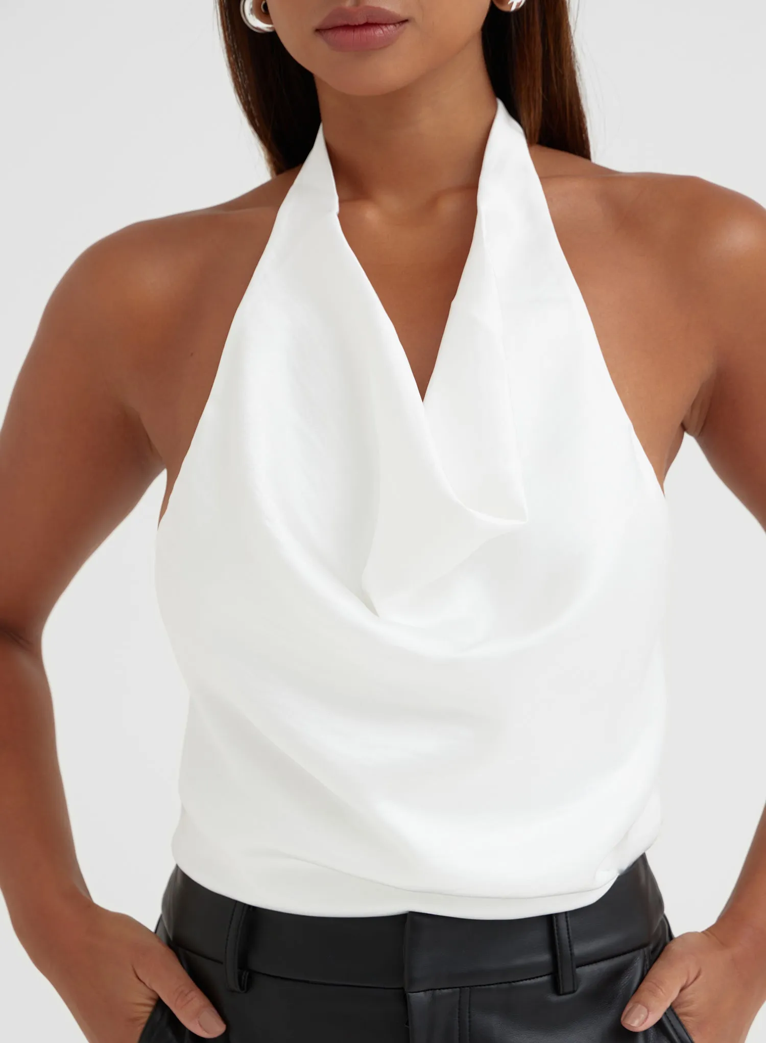 Off White Satin Halter Cowl Neck Top - Chaia