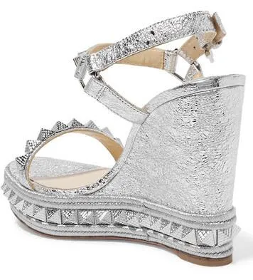 'Pyraclou' 110 Spiked Metallic Textured-Leather Wedge Sandals