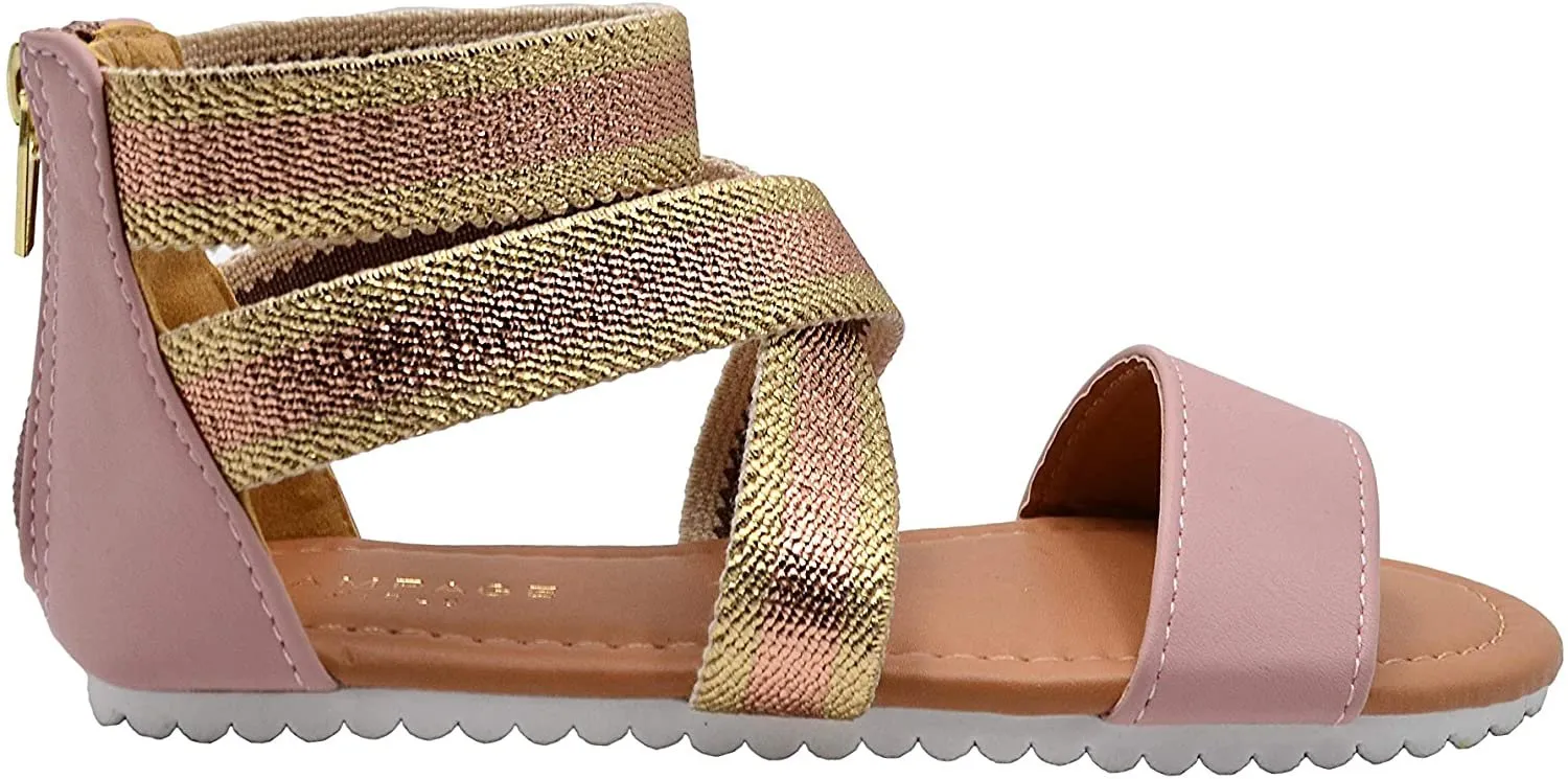 Rampage Girls Big Kid Gladiator Sandal with Metallic Criss Cross Elastic Strap Open Toe Fashion Summer Bling Shoes