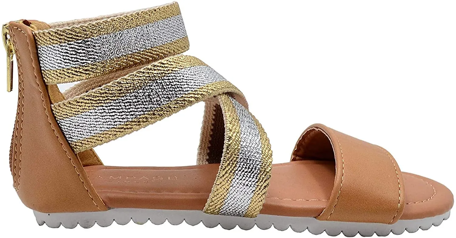 Rampage Girls Big Kid Gladiator Sandal with Metallic Criss Cross Elastic Strap Open Toe Fashion Summer Bling Shoes