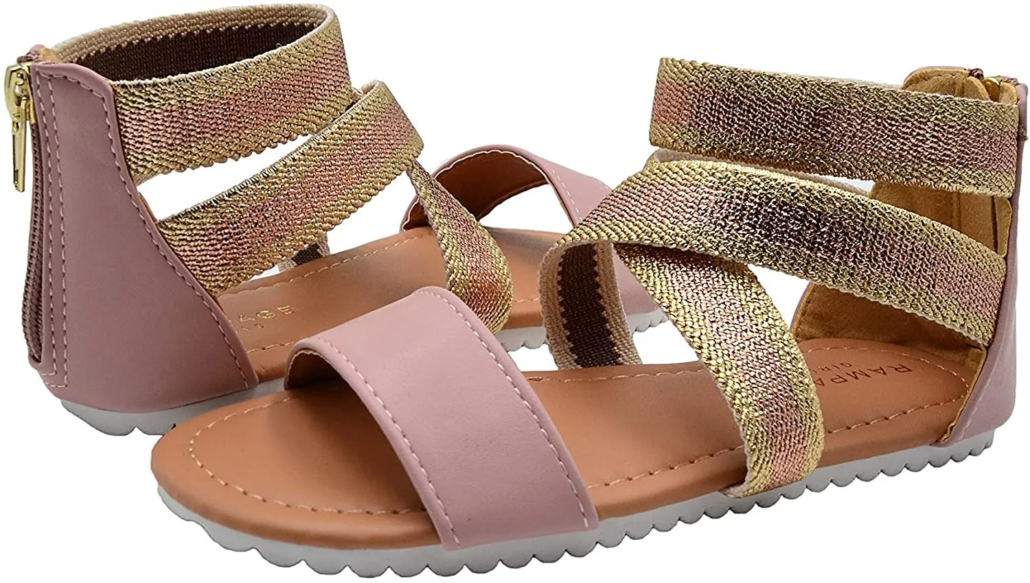 Rampage Girls Big Kid Gladiator Sandal with Metallic Criss Cross Elastic Strap Open Toe Fashion Summer Bling Shoes