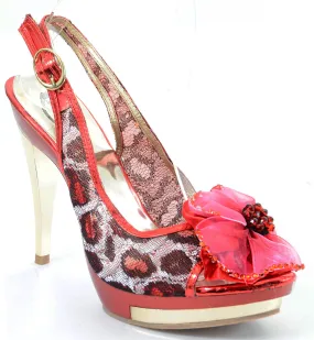 Red Leopard Jeweled Broach Platform Slingback Peep toe Heels