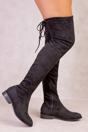 SHAERA STRETCH OVER THE KNEE FLAT BOOTS IN BLACK SUEDE